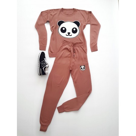 Trening dama ieftin lung din tricot roz cu imprimeu Panda